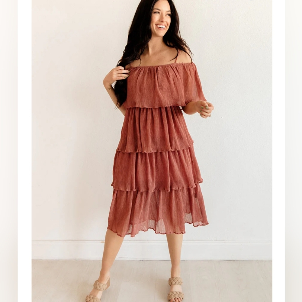 Off the shoulder rose midi ruffle dress